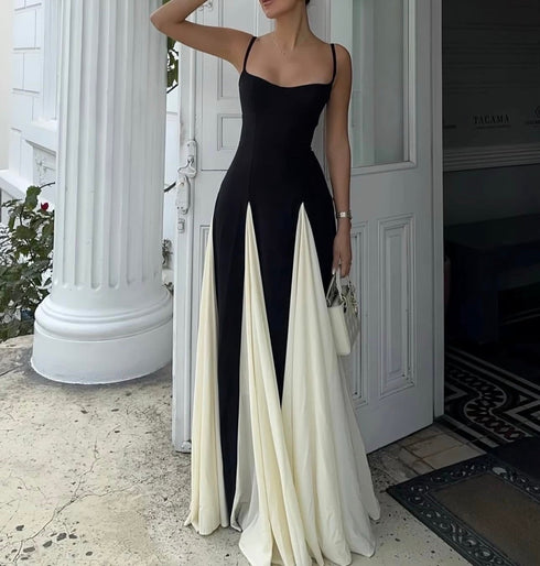 Spaghetti Straps Color Contrast Flowy Dresses
